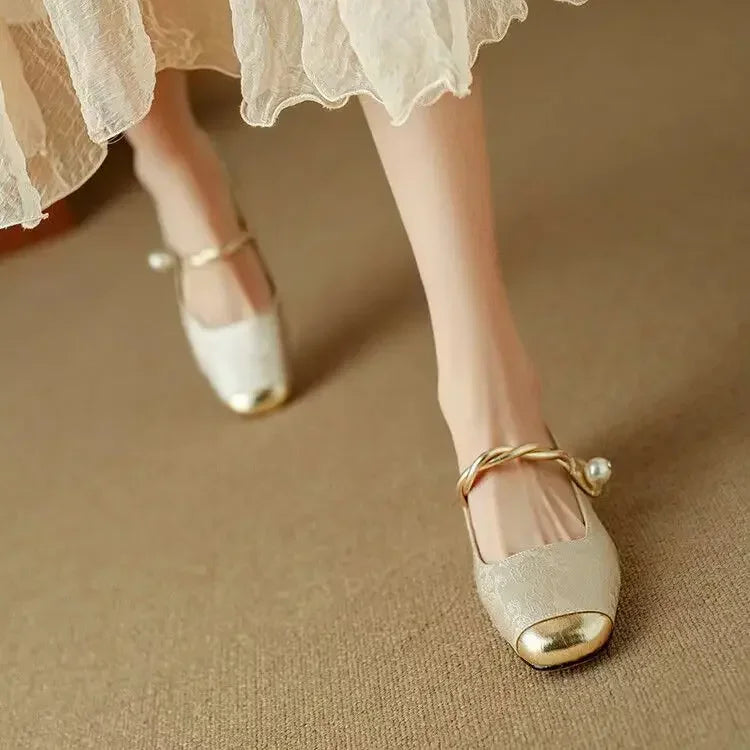 Vintage Braided Pearl Strap Shoes for Women