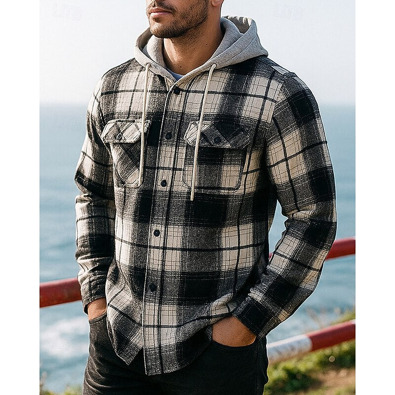 Hooded Plaid Shirt Jacket, Men's Rugged Fit