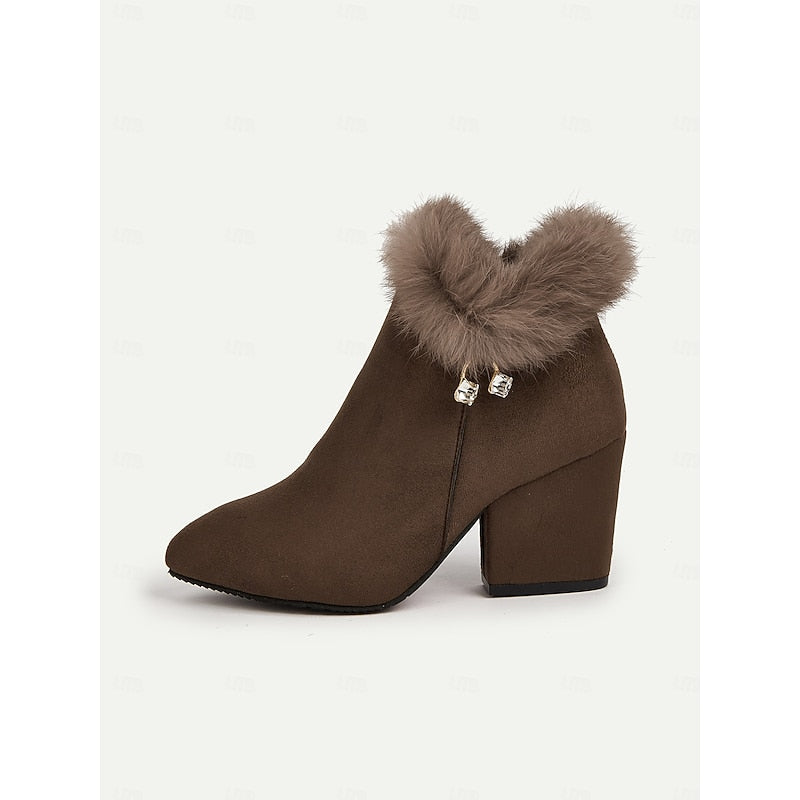 Fur-Trimmed Block Heel Ankle Boots for Women