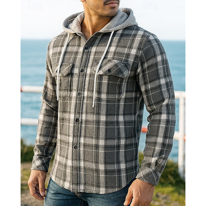 Hooded Plaid Shirt Jacket, Men's Rugged Fit