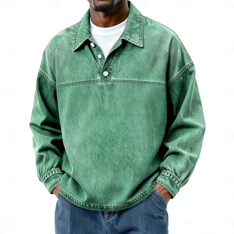 Washed Long Sleeve Polo Shirt for Men, Plus Size