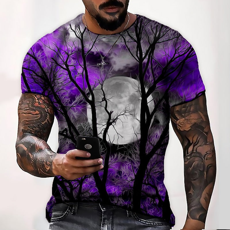 Halloween Moon Graphic Crew Neck T-Shirt for Men, Plus Size