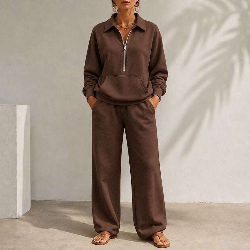 Zip-Collar Two-Piece Set for Women, Relaxed Style