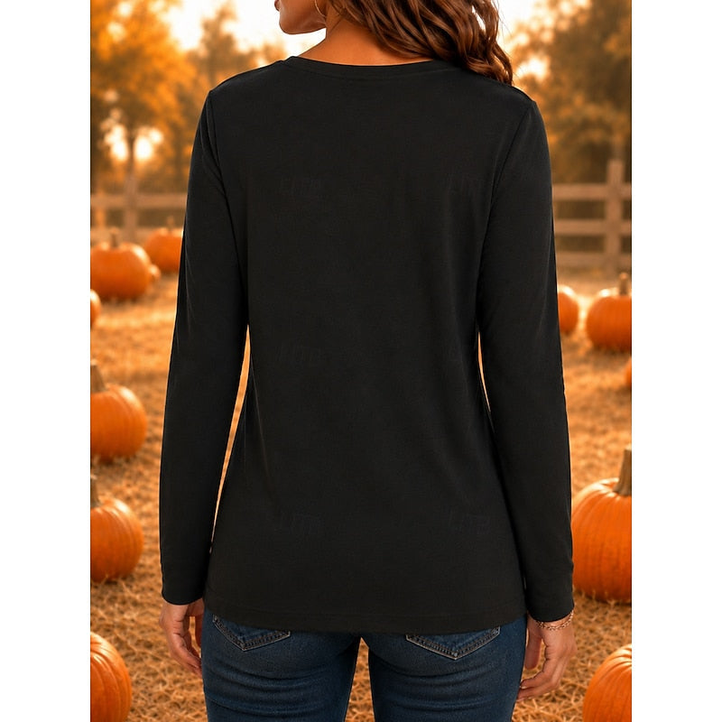 Halloween Witch Graphic Long-Sleeve Top for Women, Plus Size