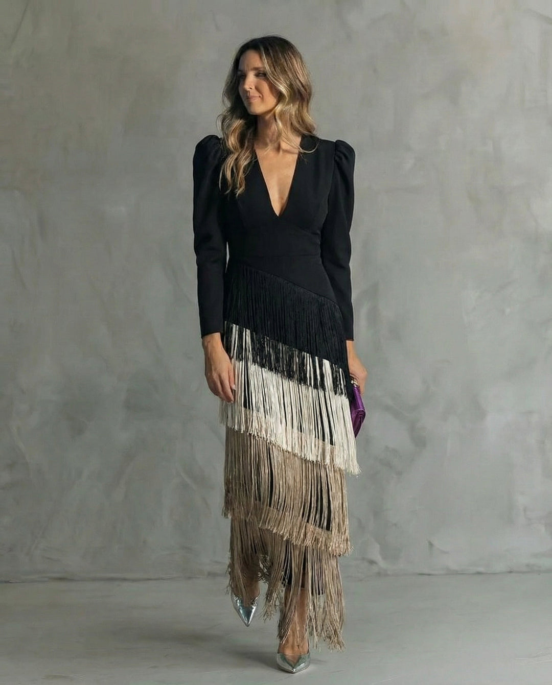 Flowy V-Neck Long Sleeve Dress for Women