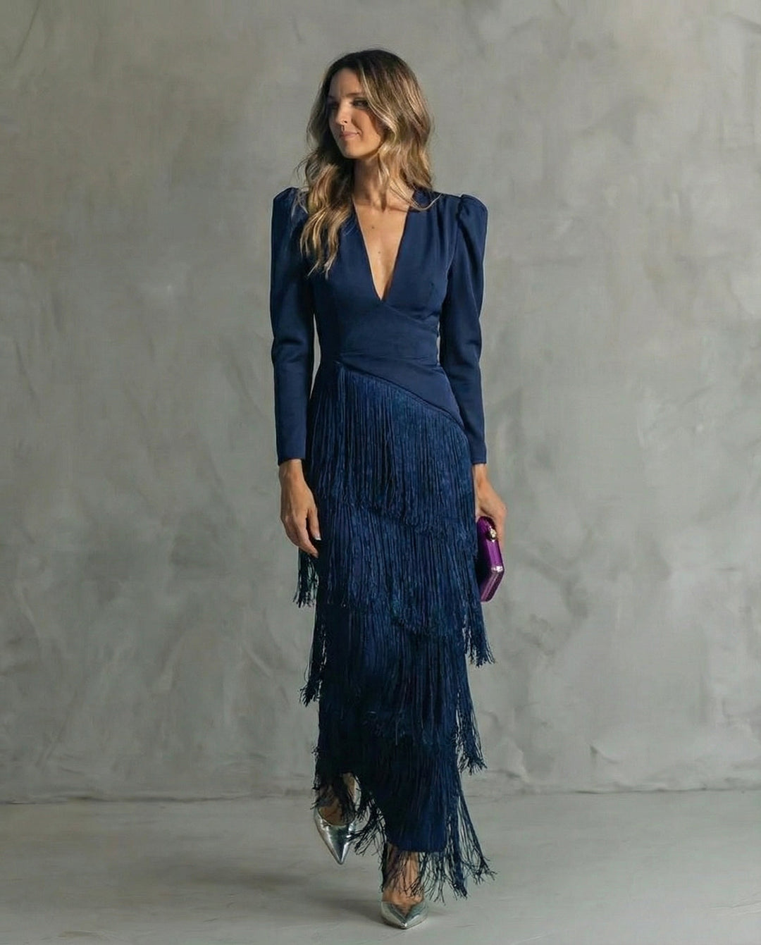 Flowy V-Neck Long Sleeve Dress for Women