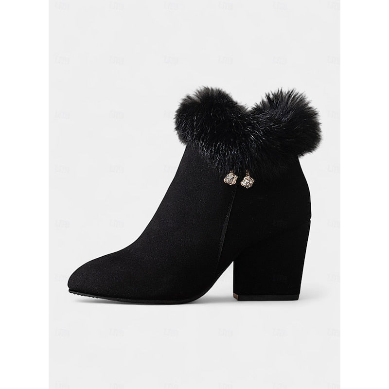 Fur-Trimmed Block Heel Ankle Boots for Women