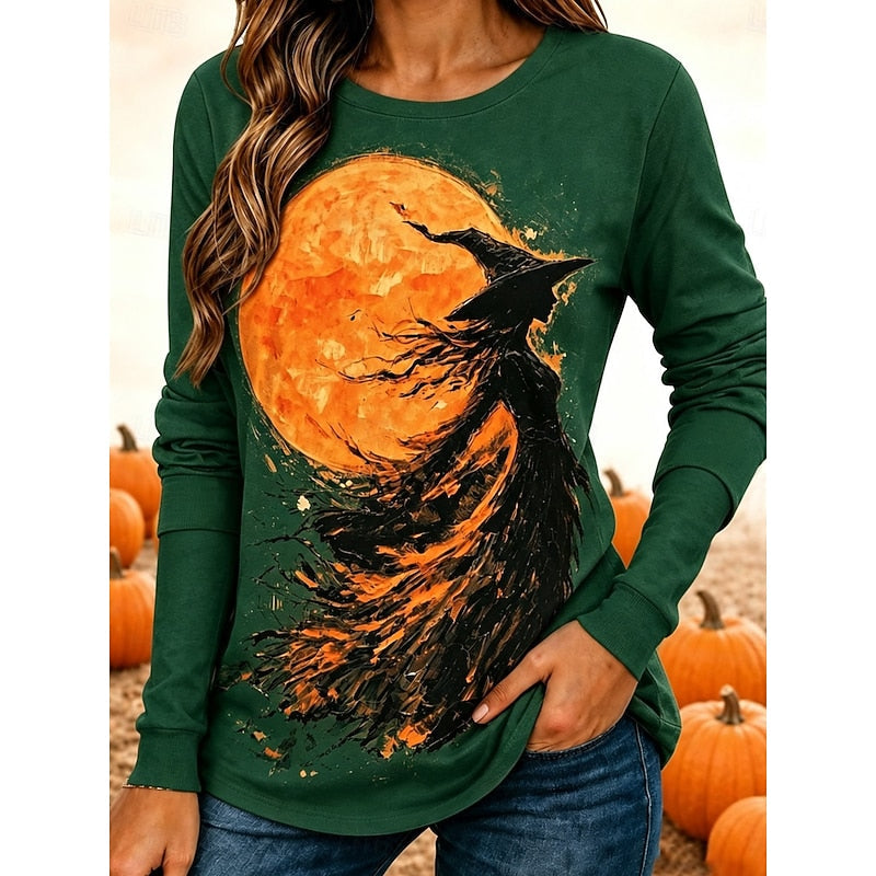 Halloween Witch Graphic Long-Sleeve Top for Women, Plus Size