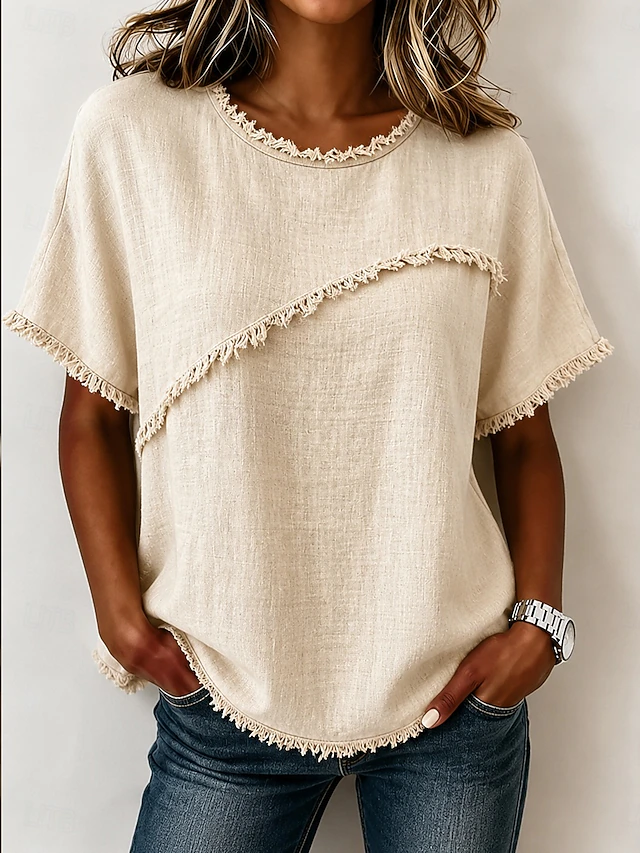 Frayed-Trim Round Neck Top for Women, Plus Size