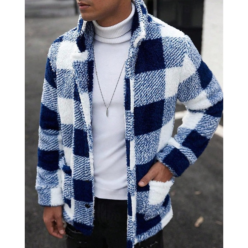 Checked Standing-Collar Jacket for Men, Plus Size