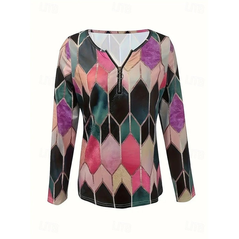 Floral Quarter-Zip Long Sleeve Top for Women
