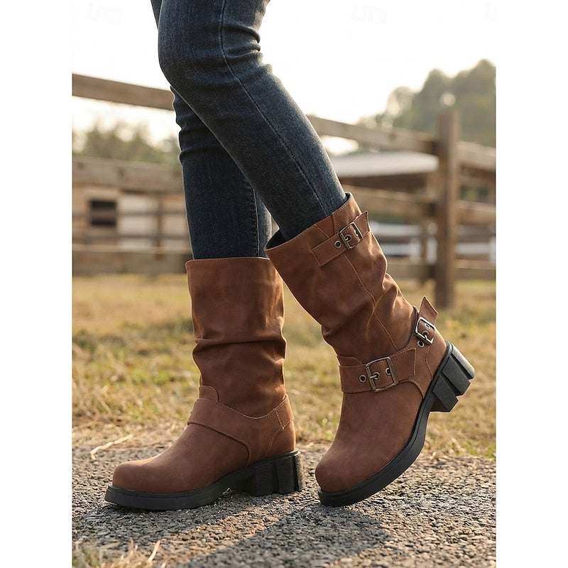 Ladies Buckle-Detail Mid-Calf Biker Boots