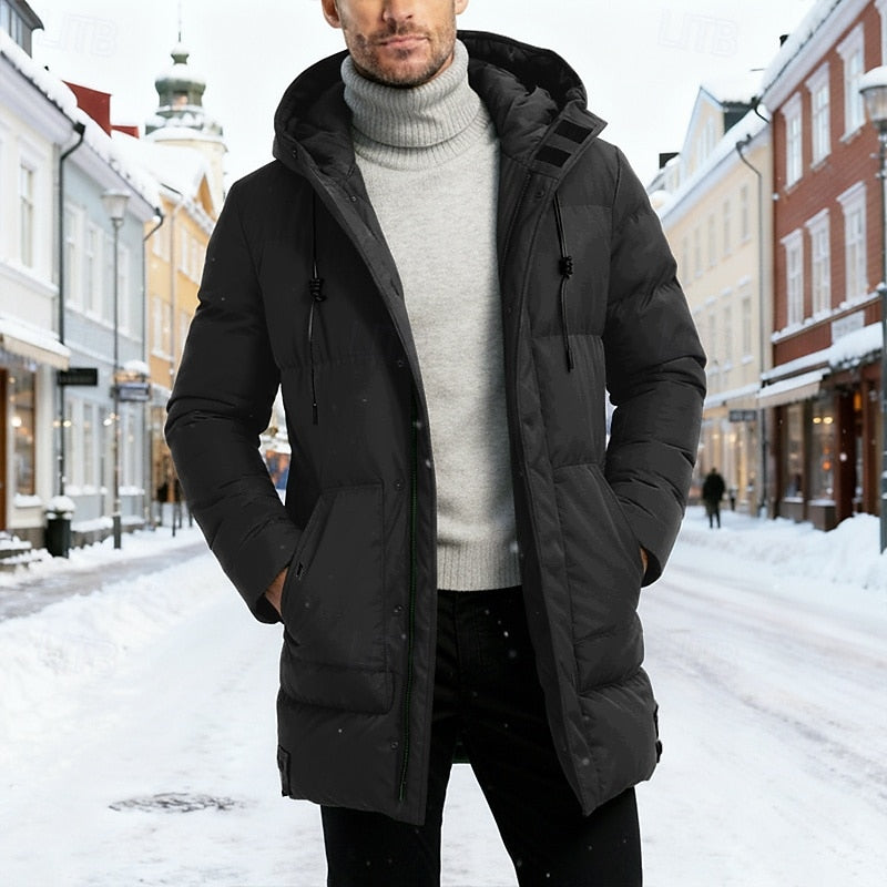 Black Hooded Longline Winter Coat for Men