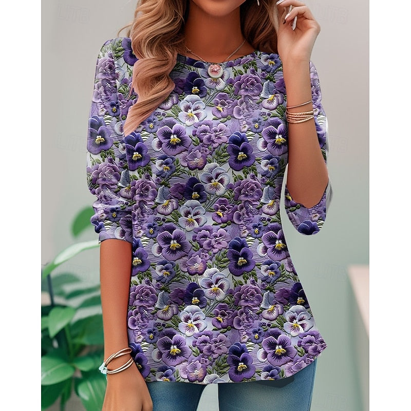 Floral Long-Sleeve Top for Women, Plus Size