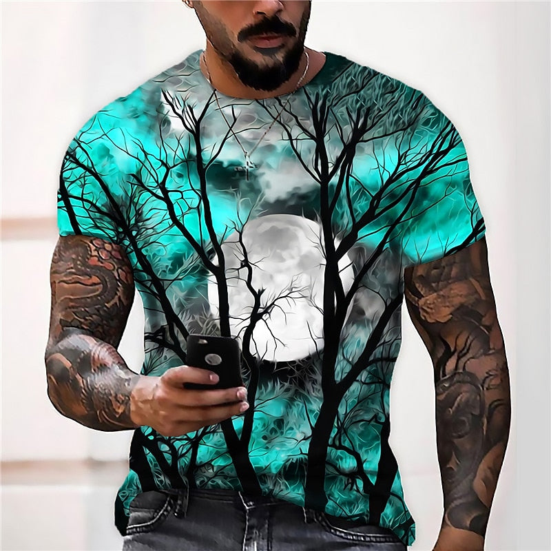 Halloween Moon Graphic Crew Neck T-Shirt for Men, Plus Size