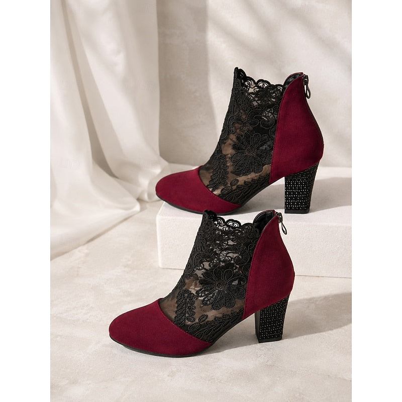 Lace-Accent Heeled Ankle Boots for Women