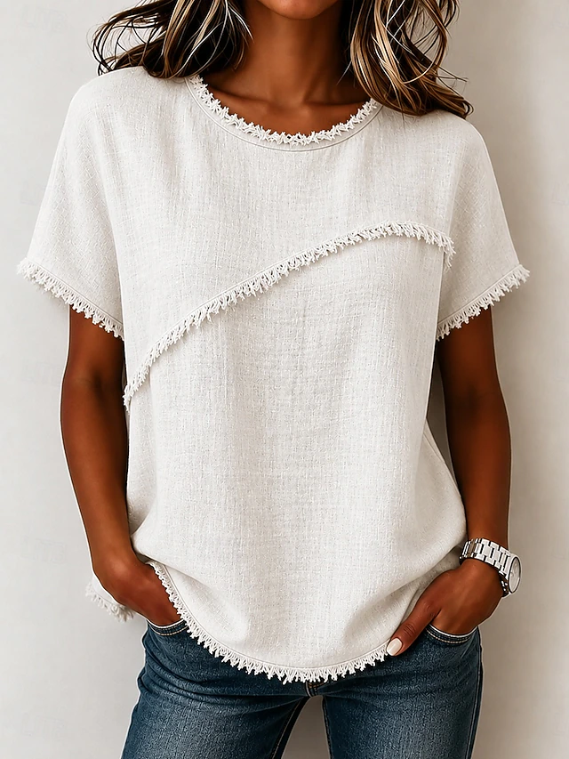Frayed-Trim Round Neck Top for Women, Plus Size