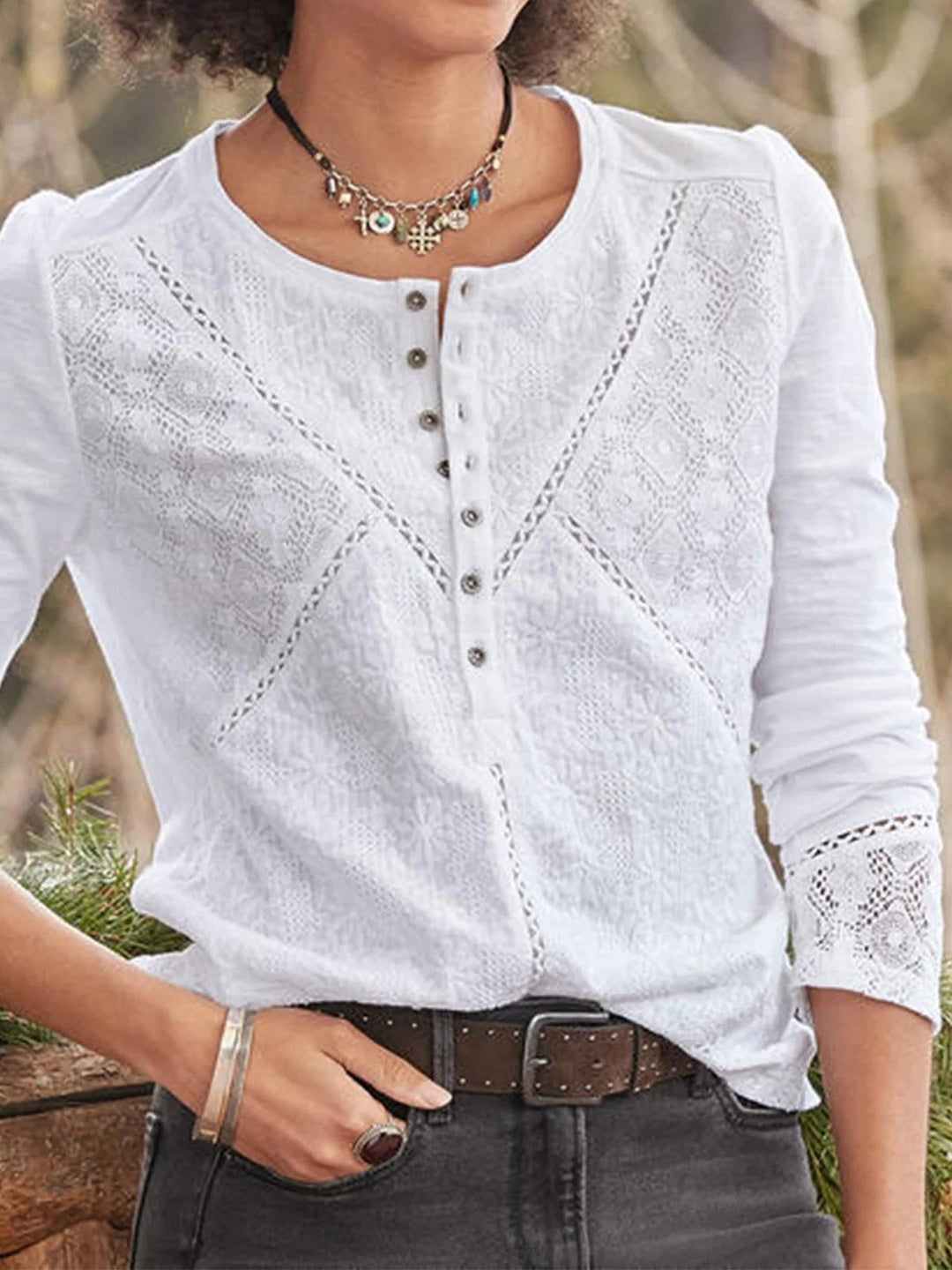 White Openwork Detail Blouse for Women