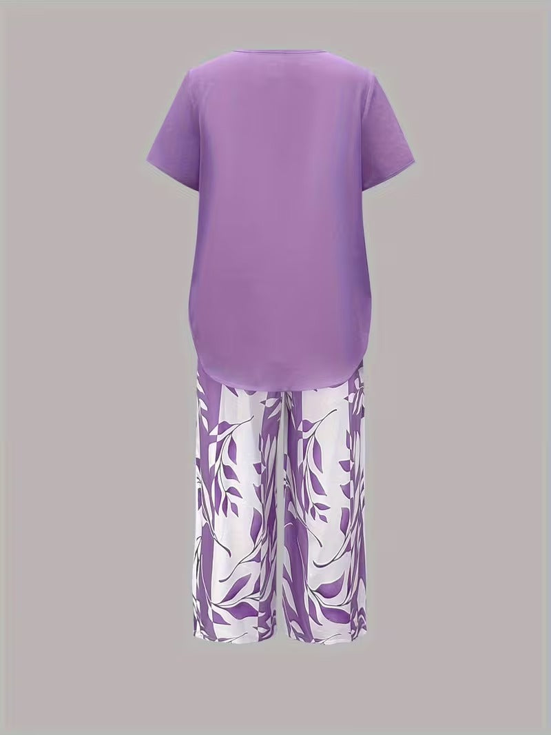 Leaf Print Two Piece Set for Women, Casual Style