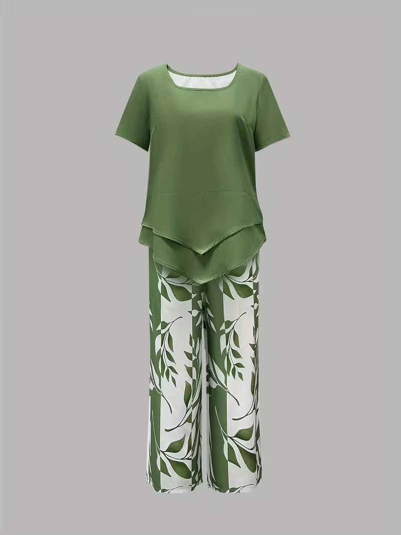 Leaf Print Two Piece Set for Women, Casual Style