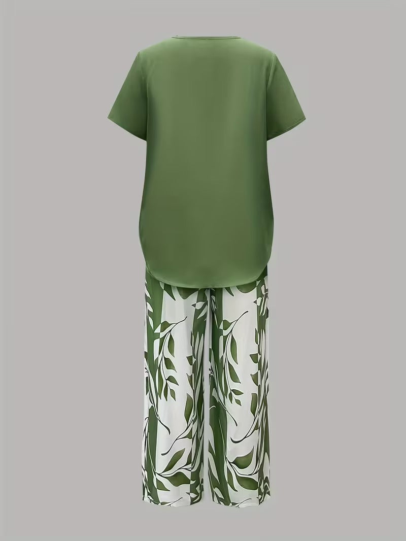 Leaf Print Two Piece Set for Women, Casual Style