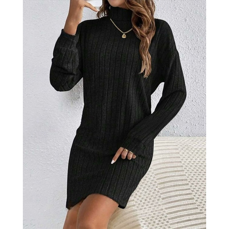 Ribbed Roll-Neck Dress for Women
