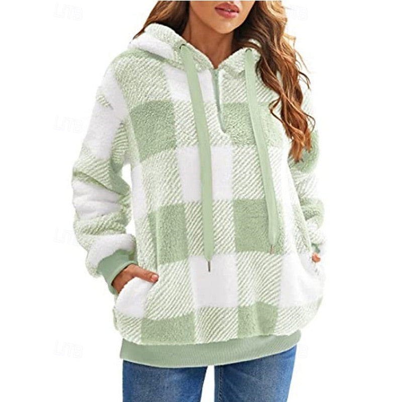 Quarter-Zip Checkered Hoodie for Women, Cozy Style