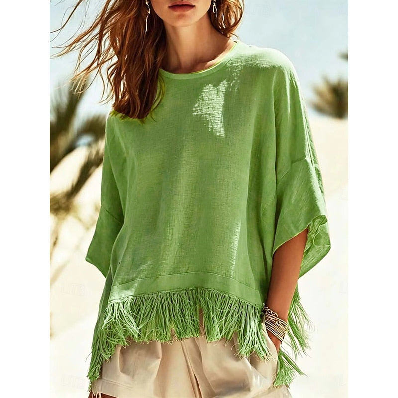 Fringe-Hem Relaxed Blouse for Women
