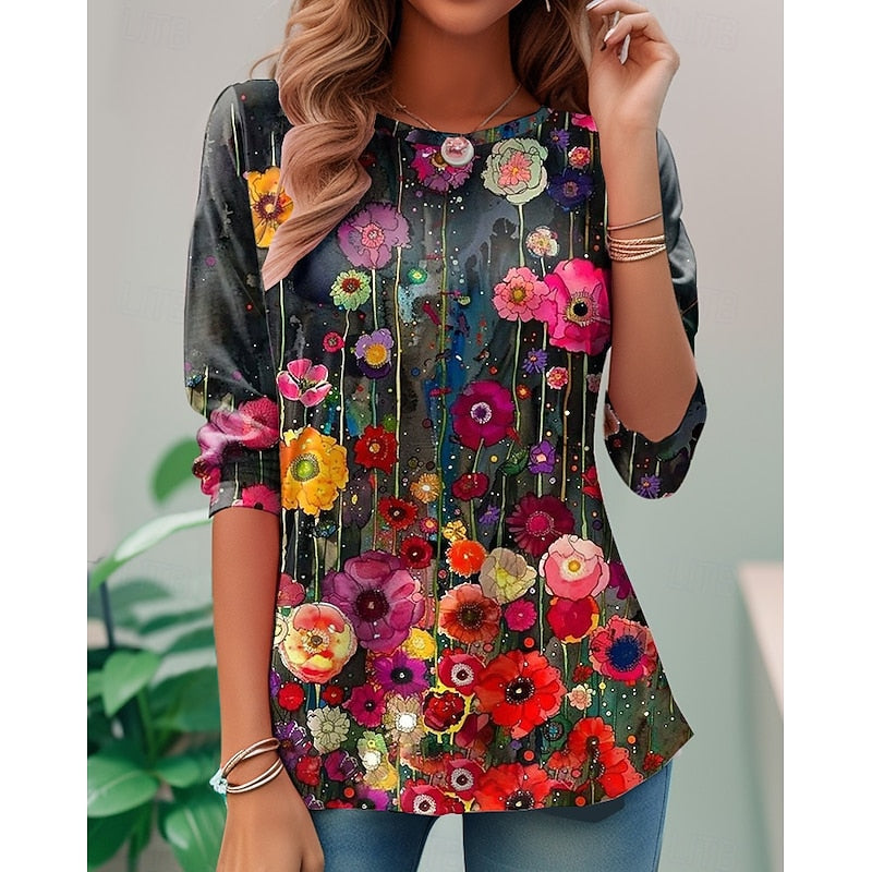 Floral Long-Sleeve Top for Women, Plus Size