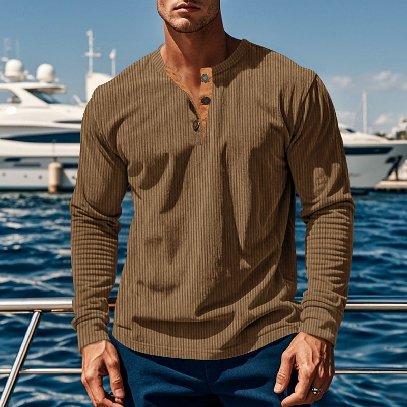 Ribbed Long Sleeve Henley Shirt for Men, Plus Size