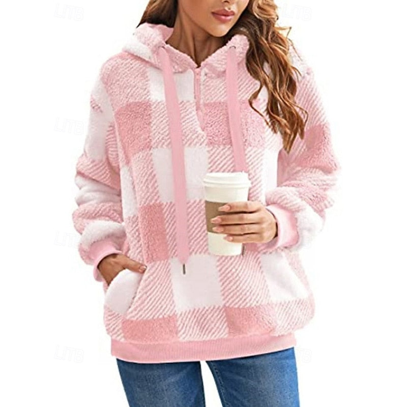 Quarter-Zip Checkered Hoodie for Women, Cozy Style