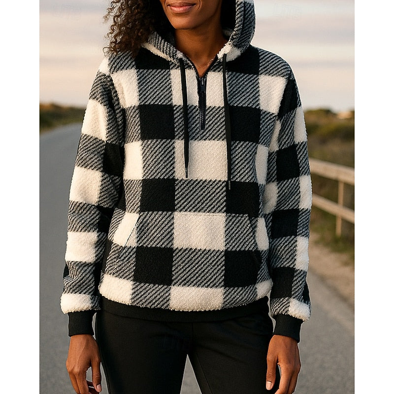 Quarter-Zip Checkered Hoodie for Women, Cozy Style