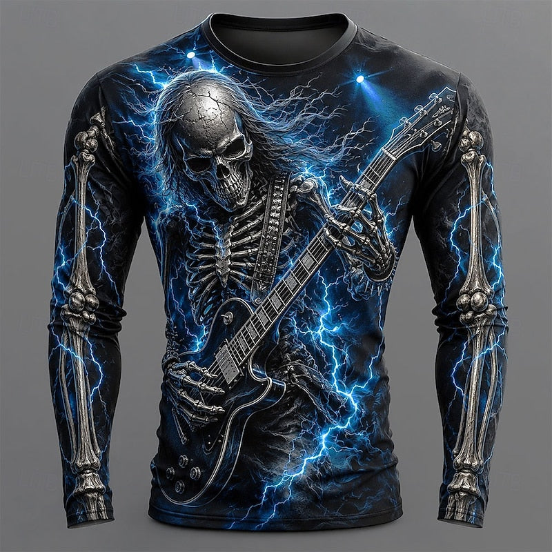 Skeleton Guitar Halloween Long Sleeve Shirt for Men, Plus Size