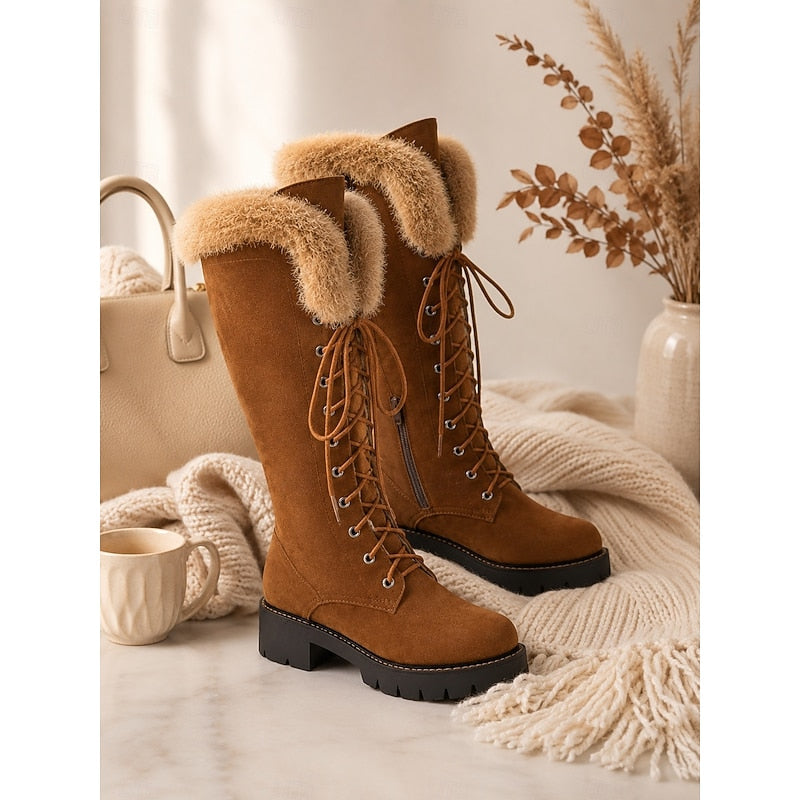 Lace-Up Knee-High Winter Boots for Women, Cozy Style