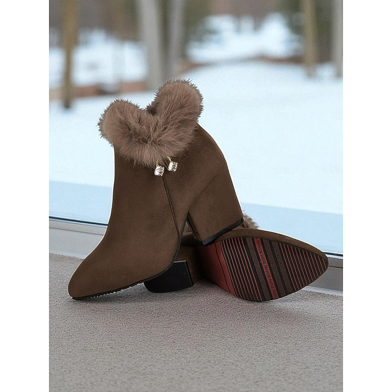 Fur-Trimmed Block Heel Ankle Boots for Women