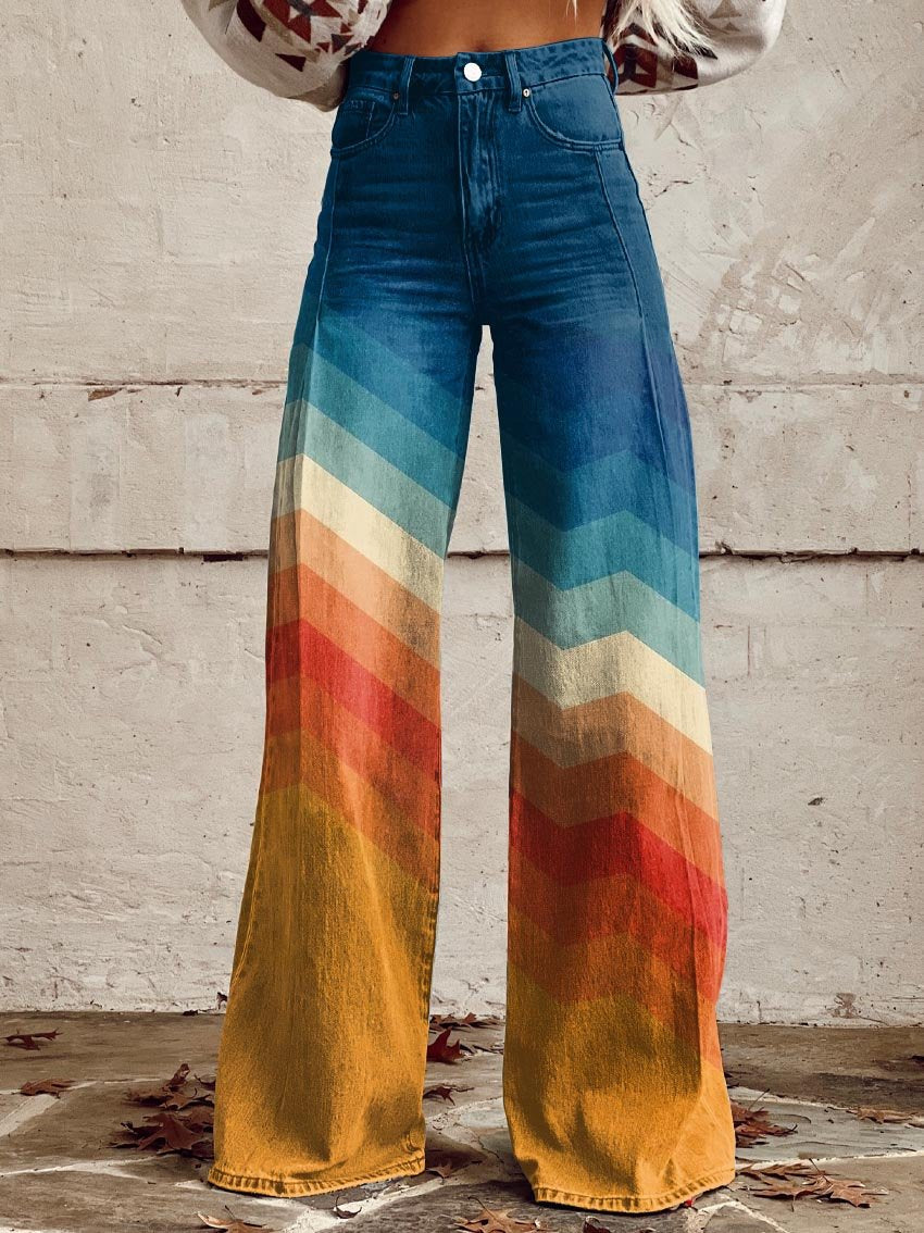 Elegant Multicolor Retro Zigzag Pants, Plus Size