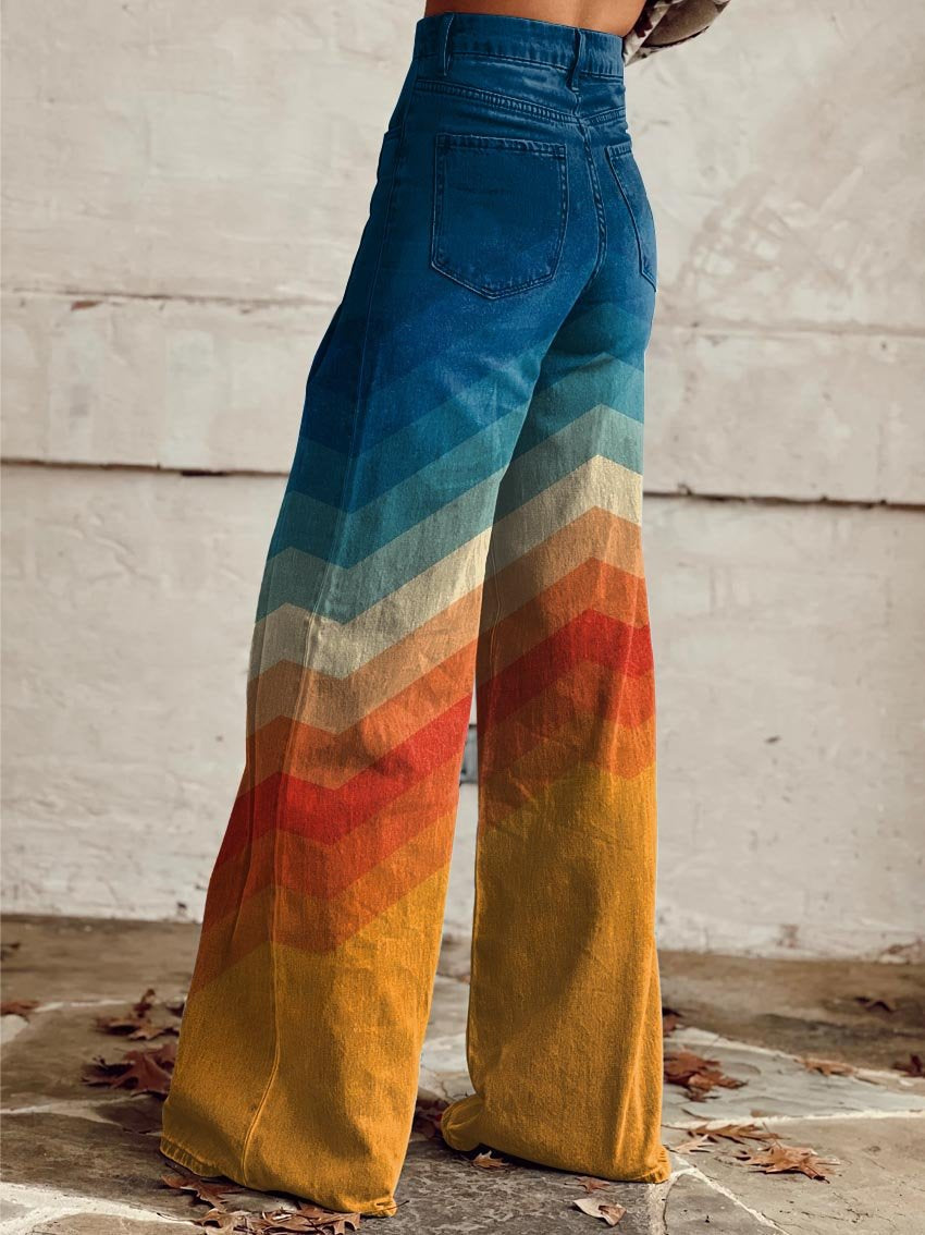 Elegant Multicolor Retro Zigzag Pants, Plus Size
