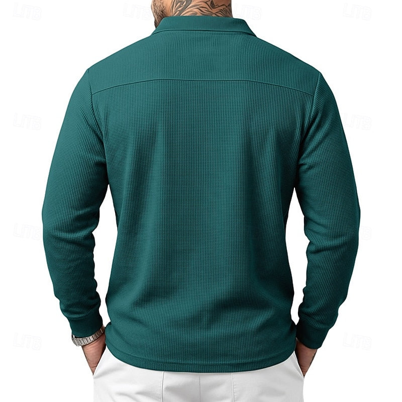 Textured Long-Sleeve Polo Shirt for Men, Plus Size