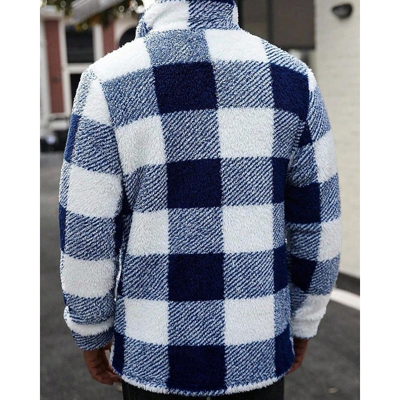 Checked Standing-Collar Jacket for Men, Plus Size
