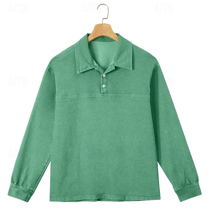 Washed Long Sleeve Polo Shirt for Men, Plus Size