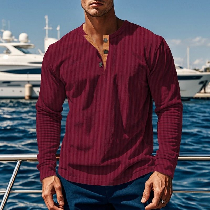 Ribbed Long Sleeve Henley Shirt for Men, Plus Size