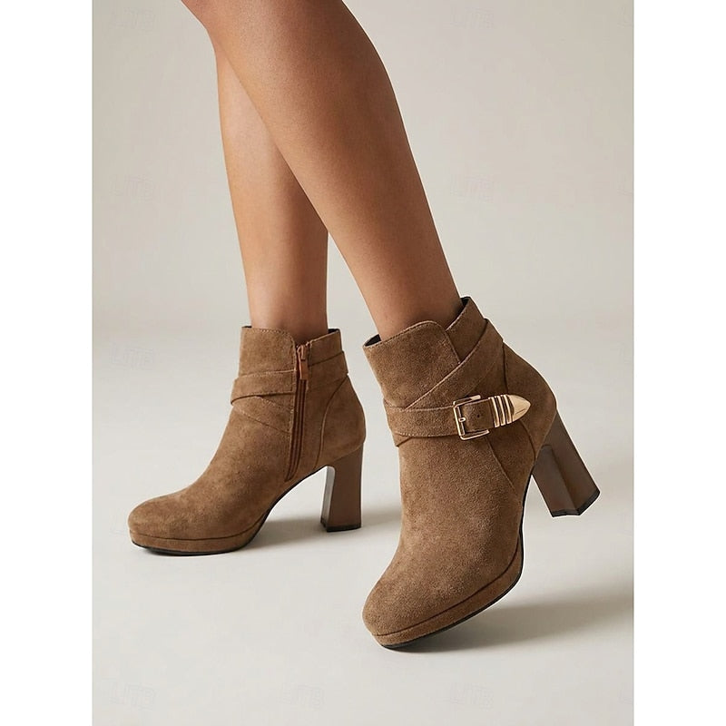 Buckle-Strap Block Heel Ankle Boots for Women