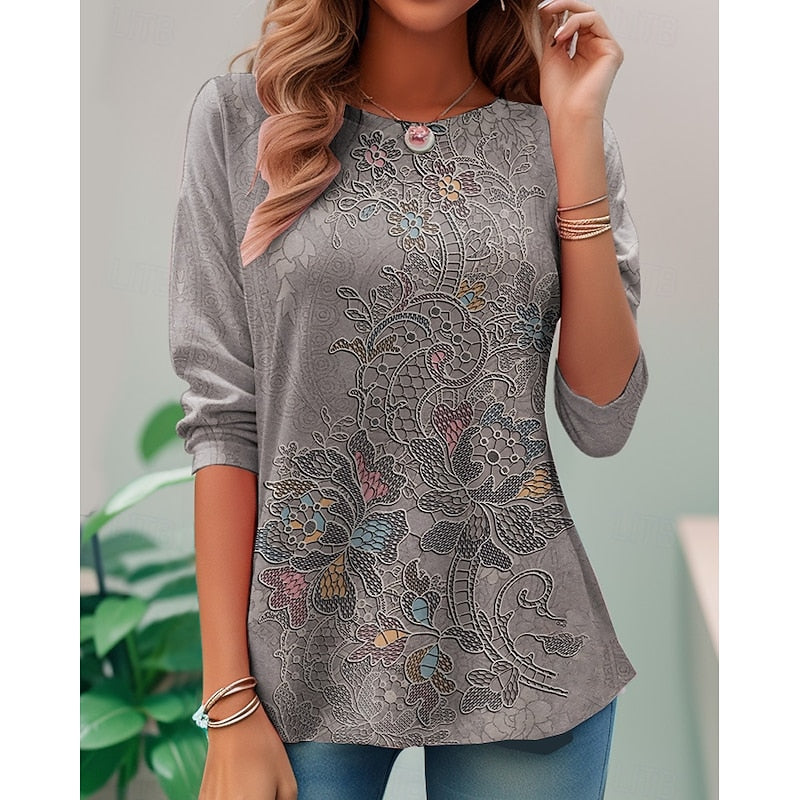 Floral Long-Sleeve Top for Women, Plus Size