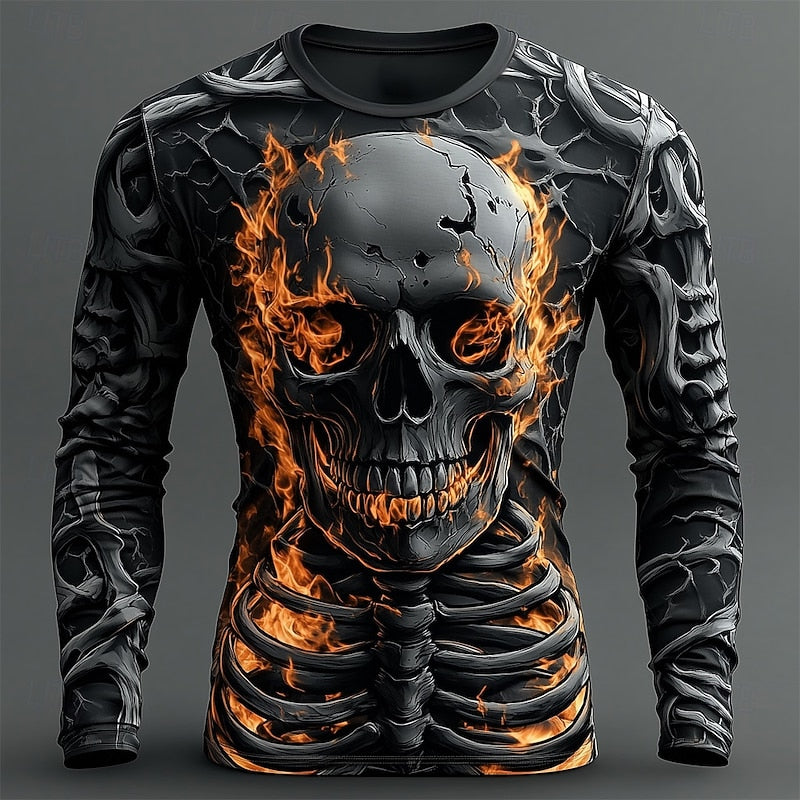 Flame Skeleton Halloween Long-Sleeve Shirt for Men, Plus Size