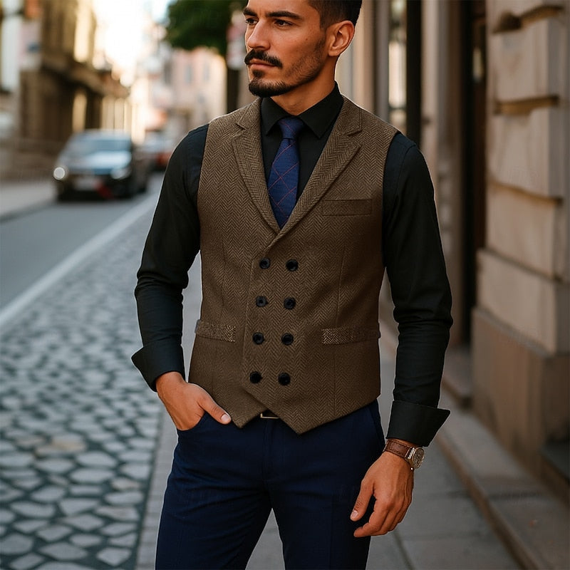 Double-Breasted Herringbone Waistcoat for Men