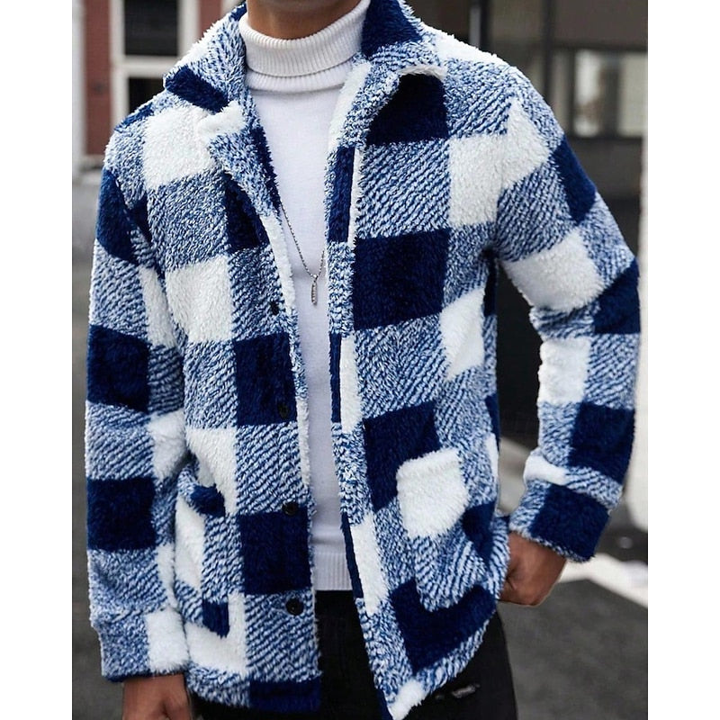 Checked Standing-Collar Jacket for Men, Plus Size