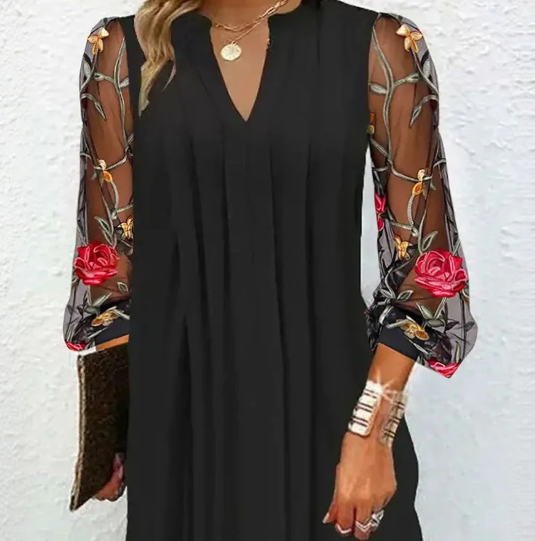 Black Elegant Floral Sleeve Dress for Women