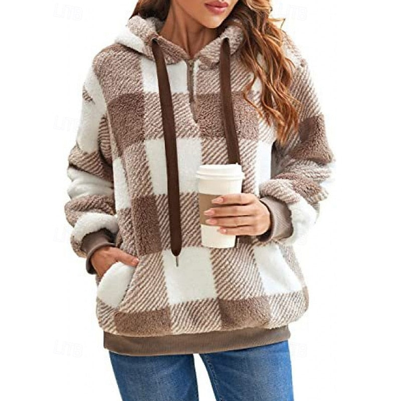 Quarter-Zip Checkered Hoodie for Women, Cozy Style