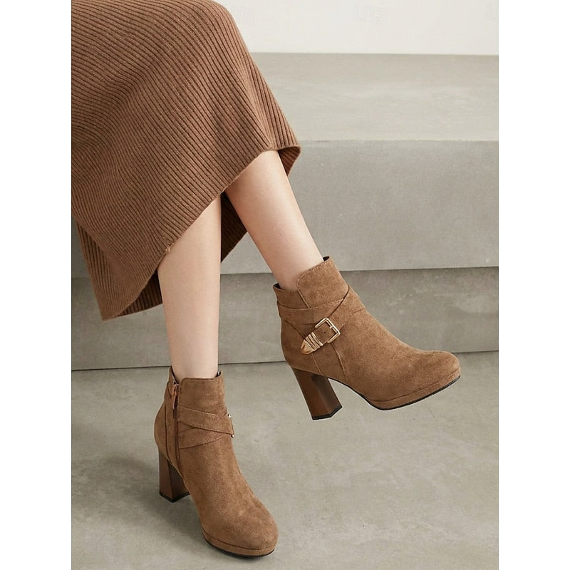 Buckle-Strap Block Heel Ankle Boots for Women
