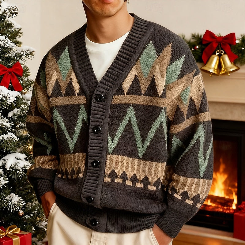 Patterned Button-Up Cardigan for Men, Plus Size